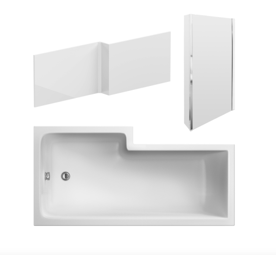 Nuie L-Shape 1700mm Shower Bath, Front Panel & Fixed Screen - Right Hand